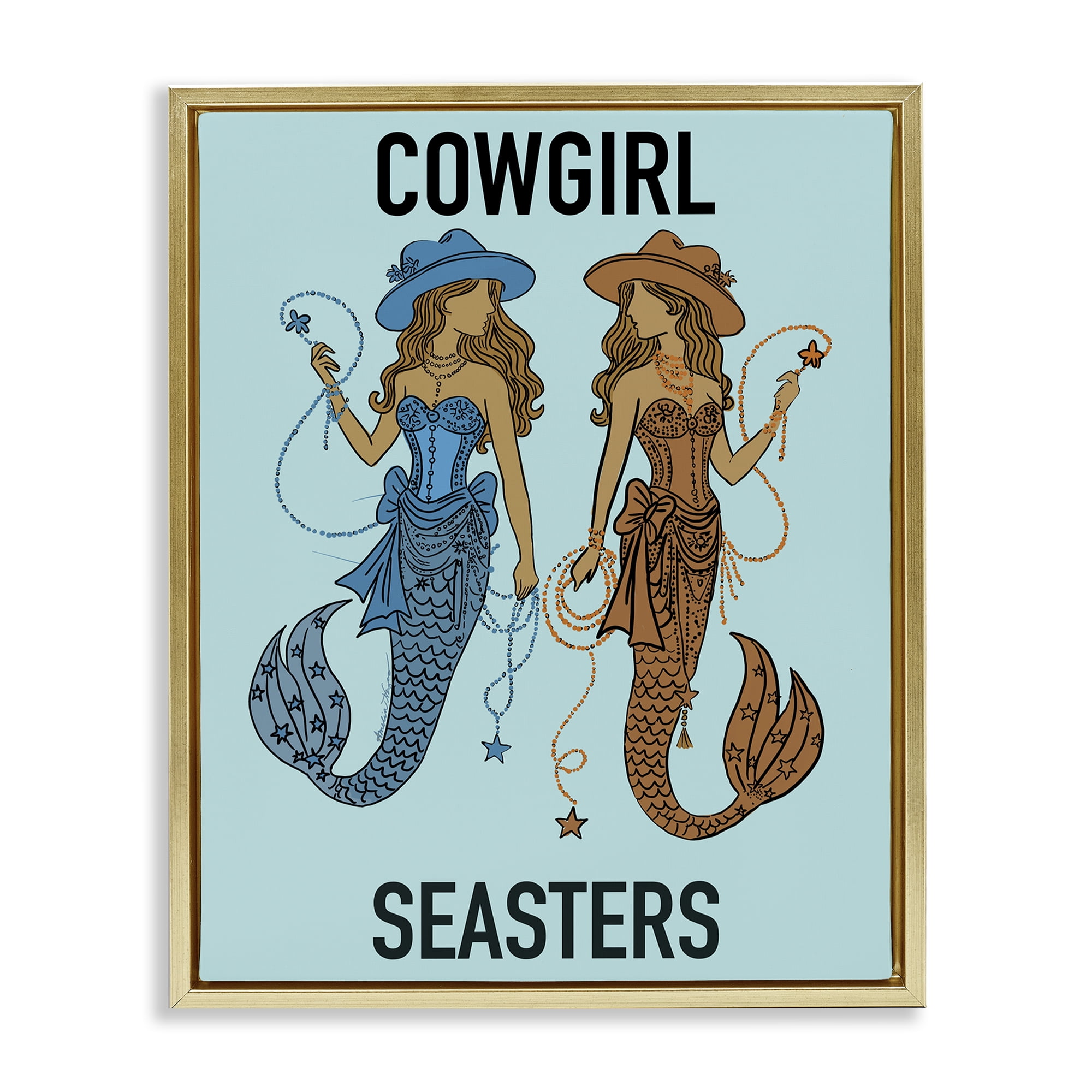 Cowgirl Seasters Mermaid Friendship Gold Framed Floater Canvas Wall Art, design by Amelia Noyes