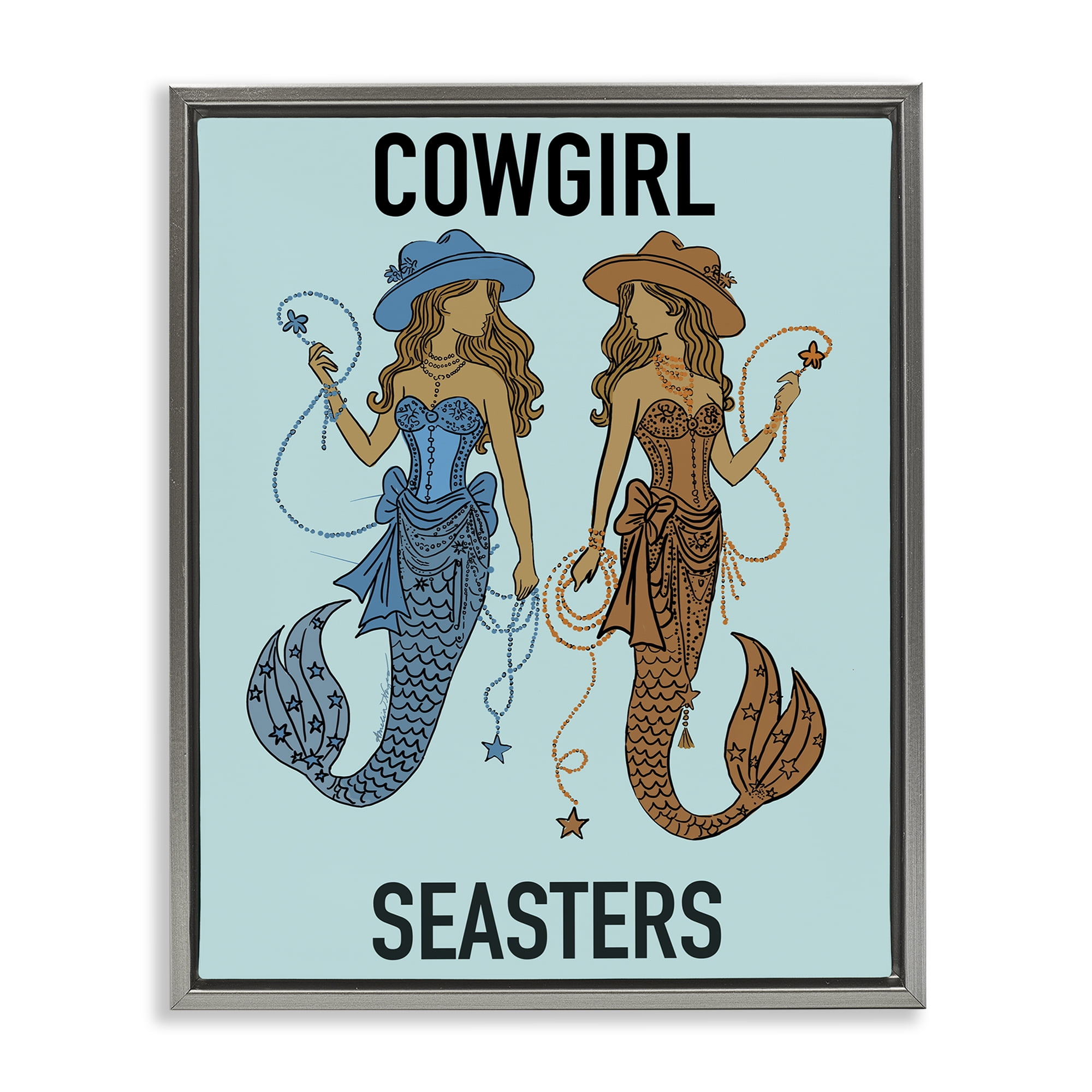 Cowgirl Seasters Mermaid Friendship Gray Framed Floater Canvas Wall Art, design by Amelia Noyes