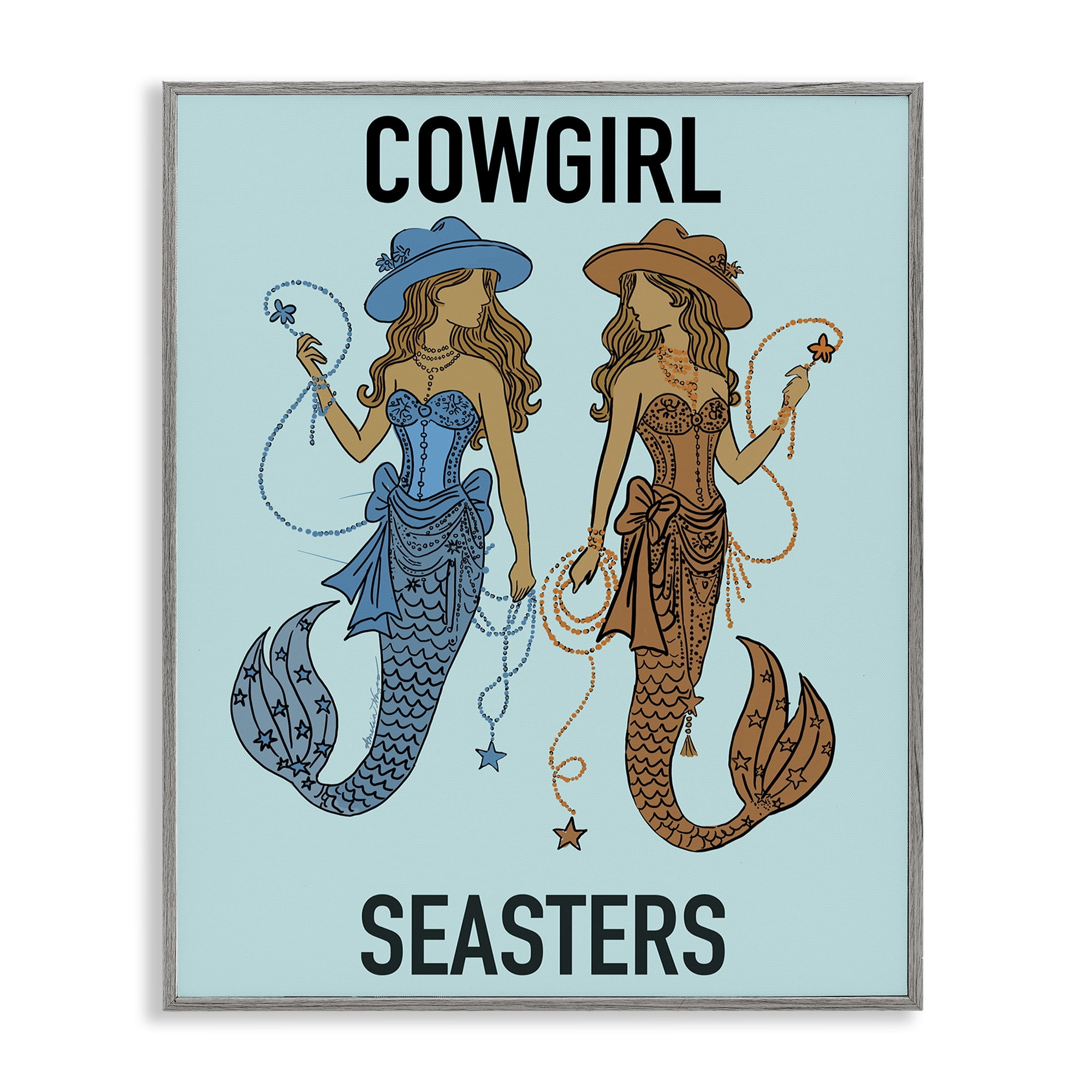 Cowgirl Seasters Mermaid Friendship Gray Framed Giclee Art, design by Amelia Noyes