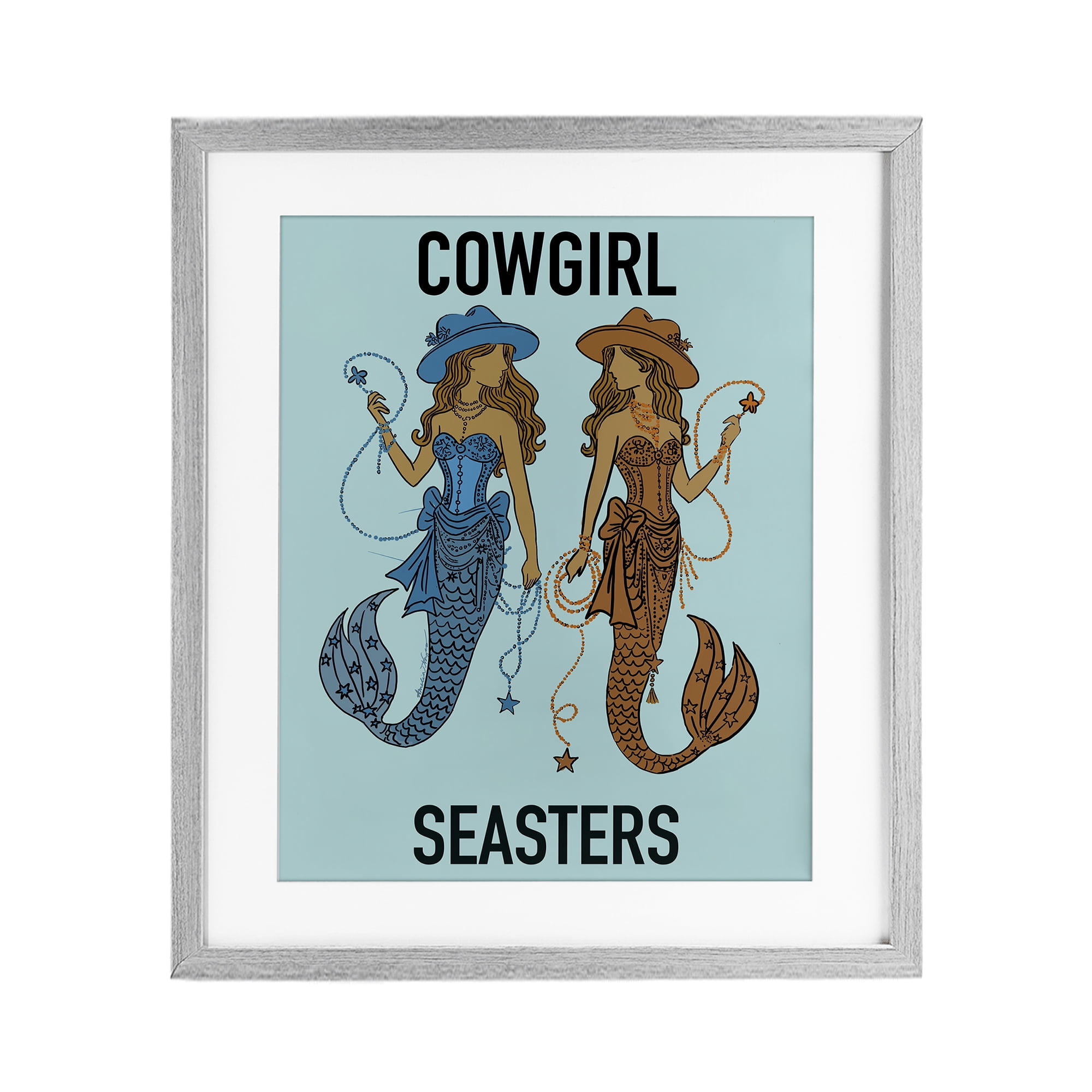 Cowgirl Seasters Mermaid Friendship Gray Framed Print Under Glass, design by Amelia Noyes