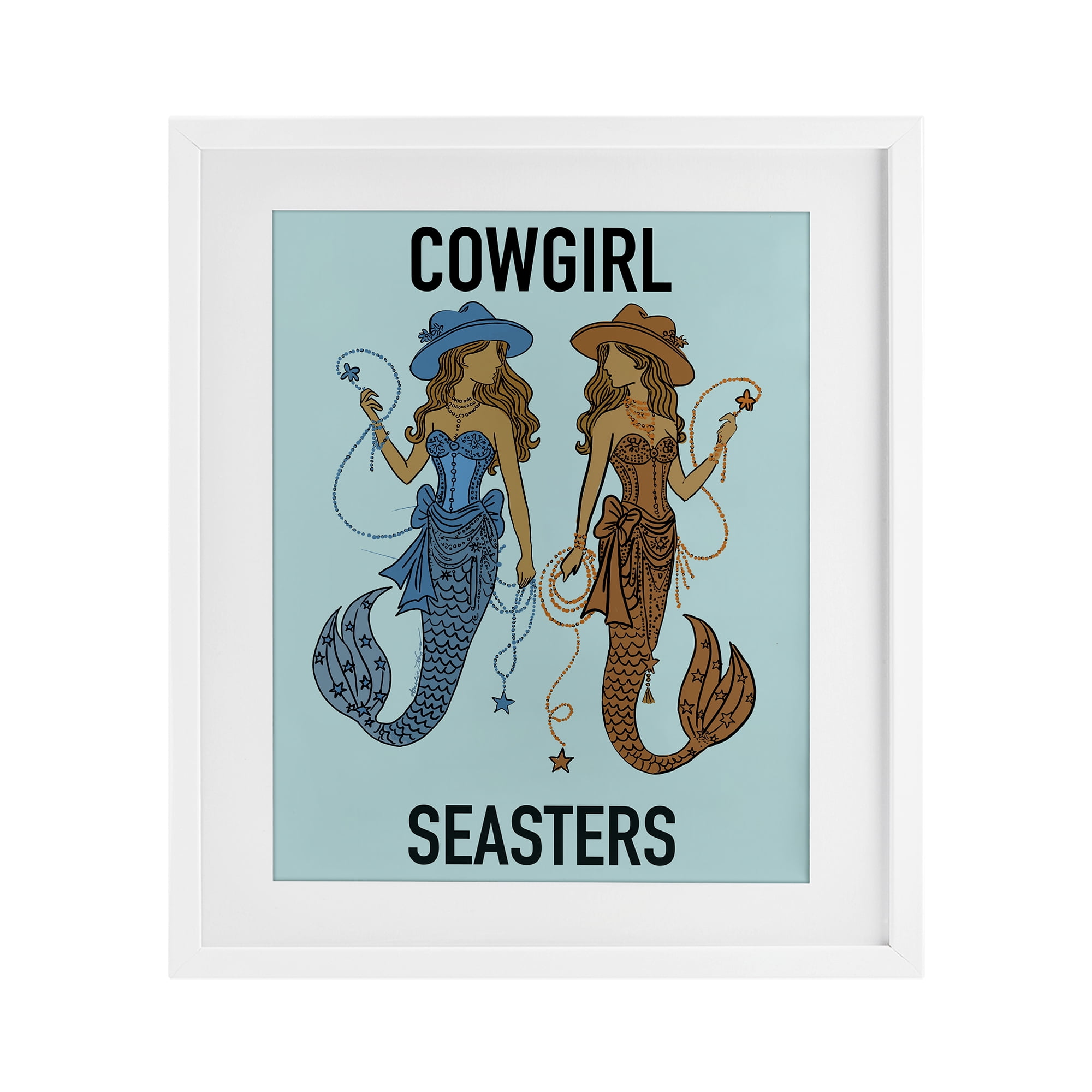 Cowgirl Seasters Mermaid Friendship White Framed Print Under Glass, design by Amelia Noyes