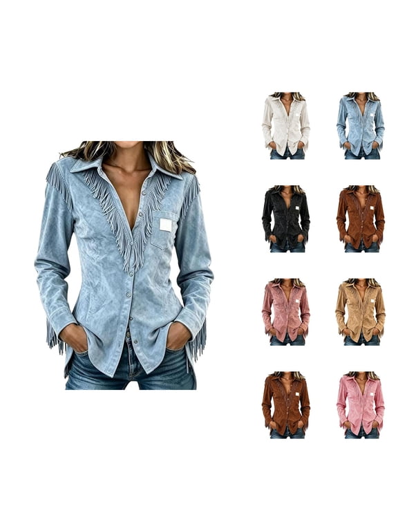 Cowgirl Shacket Women Long Sleeve Slim Fit Button Down Collared Suede Western Jacket with Fringe Country Concert Tops