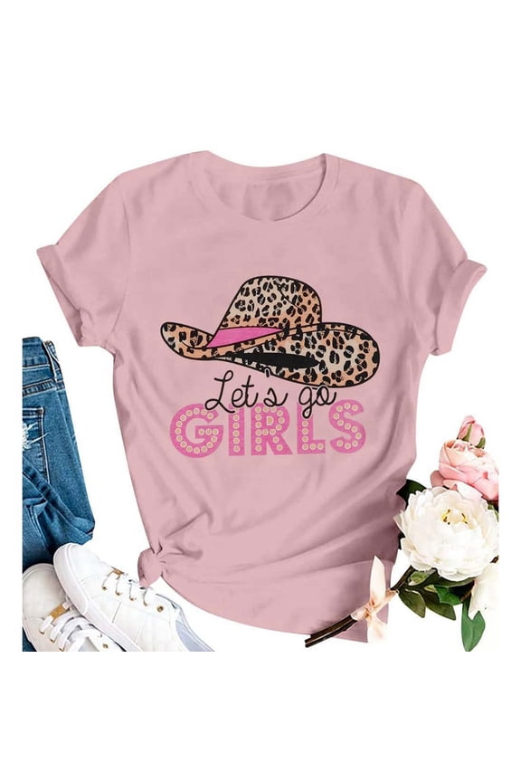 Cowgirl Shirt Western T-Shirts for Women Let's Go Girls Short Sleeve Crewneck Tees Bachelorette Party Country Graphic Tops