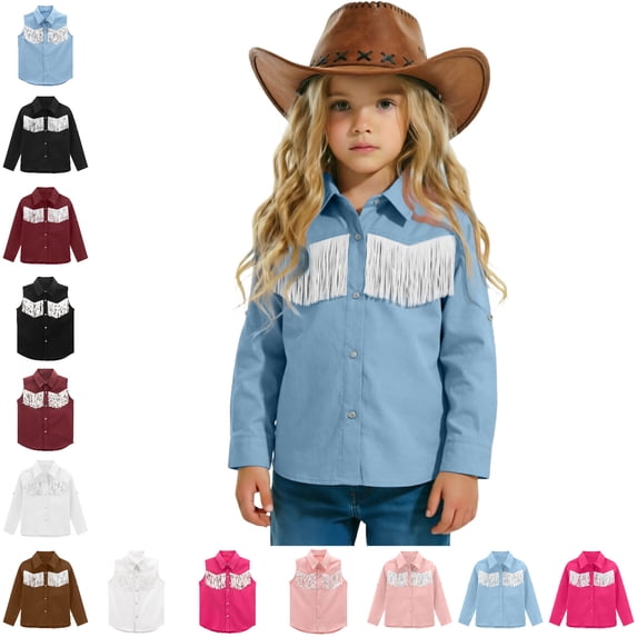Cowgirl Shirt for Girls Button Down Western Shirt with Fringe Long Sleeve Tops