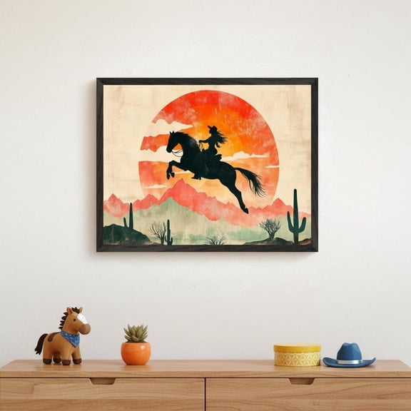 Cowgirl Silhouette Desert Sunset Wall Art Western Horse Art Southwestern Boho Sun Cactus Unframed Paper Print