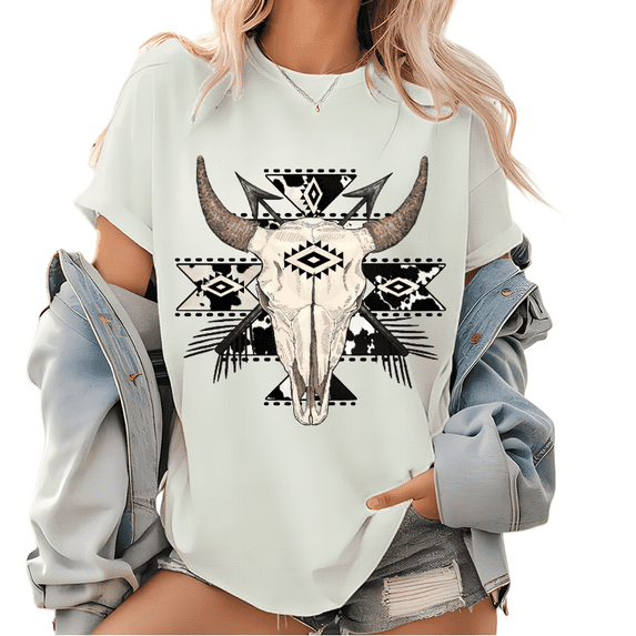 Cowgirl Skull Print T-shirts Western Graphic Tees Yee Haw Texas Short Sleeve Pattern Casual Loose Tops Cotton White Vacation,2XL