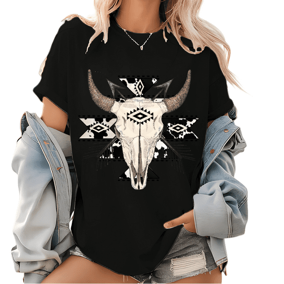 Cowgirl Skull Print T-shirts Western Graphic Tees Yee Haw Texas Short Sleeve Pattern Casual Tops Cotton Shirts Black,XL