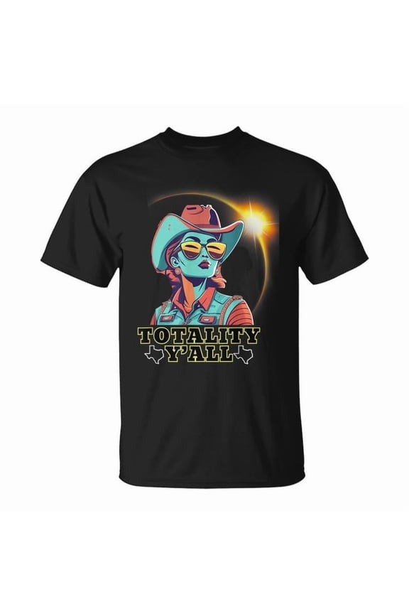 Cowgirl Solar Eclipse 2024 Tee Texas Totality Y'all Theme 04.08.24 Unisex Adult Cotton Astronomy Event Souvenir Graphic Shirt, Size M, Color Black