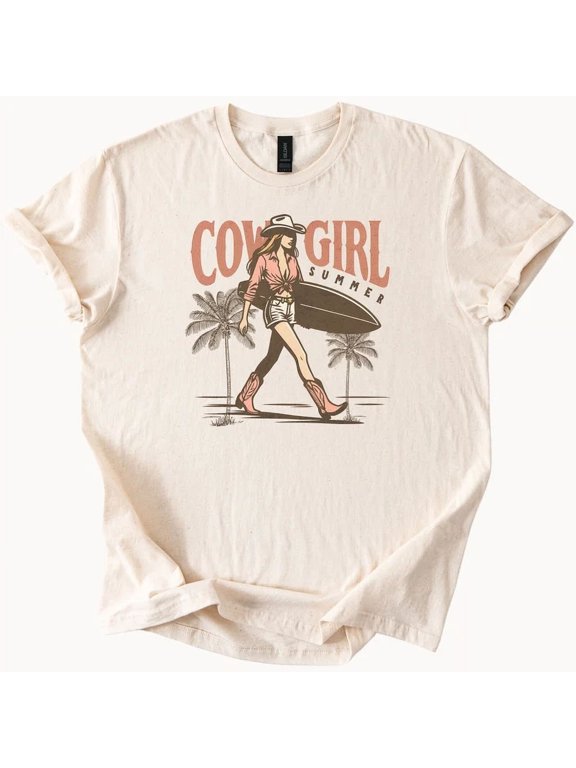 Cowgirl Summer Graphic Tee Western Surfer Girl Shirt with Palm Trees