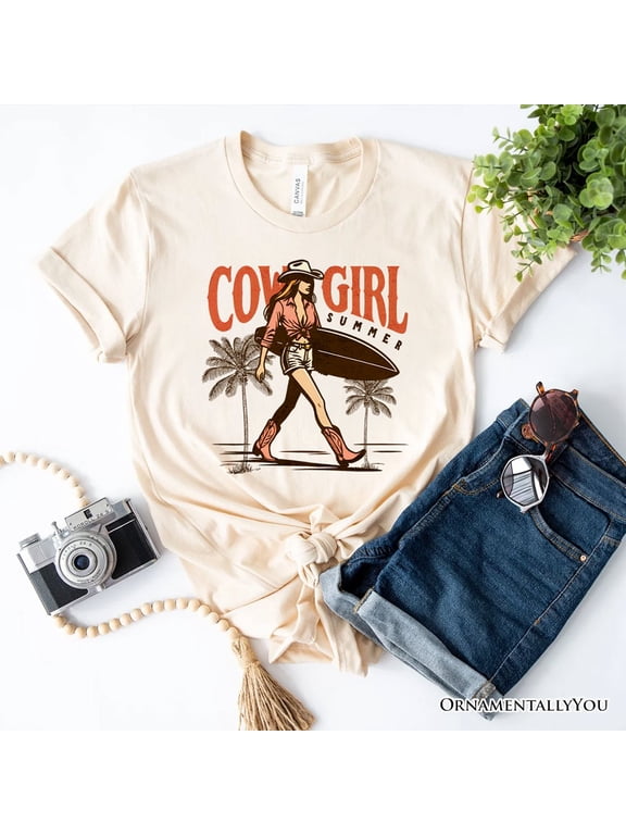 Cowgirl Summer Surf T-Shirt, Retro Western Beach White and Natural Tee for Free-Spirited Women