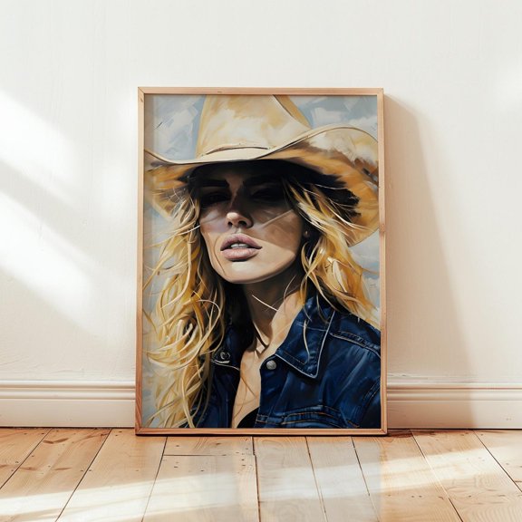 Cowgirl T-Shirt Modern Western Cowboy Hat Rustic Rodeo Blond Portrait Tee, Stretched Canvas 8x10in