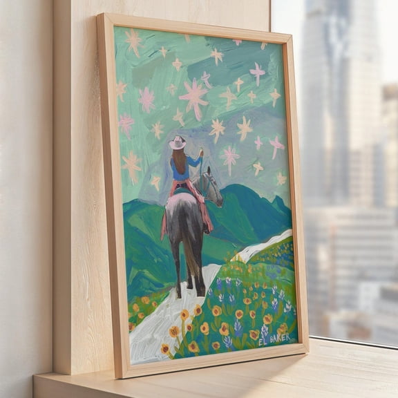 Cowgirl Texas Wildflowers Wall Art Print, Mountain Horses, Mid Century Modern, Modern Living Room And Office Decor