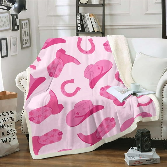 Cowgirl Throw Blanket Cute Kawaii Pink Cowgirl Twin 60"X80" Fleece Blanket Gifts for Girls Women Cowboy Hat Boots Horseshoe Sherpa Blanket Wild West Cowgirls Fuzzy Blanket for Bed Couch