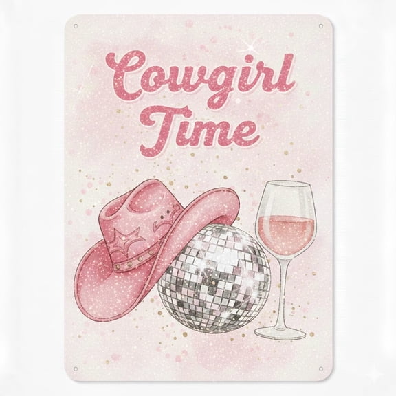 Cowgirl Time Metal Tin Sign Wall Art - 8"x12" / 12"x16" Sparkly Pink Disco Theme Decor for Room, Cafe,Party,Birthday & Gifts