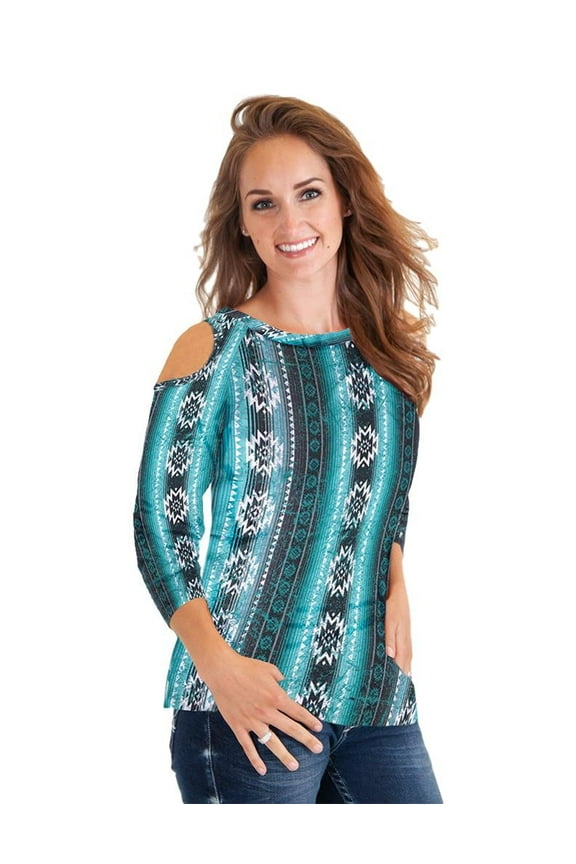 Western Shirt Womens 3/4 Cold Shoulder S Turq 100297