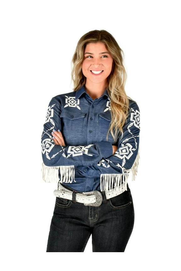 Western Shirt Womens L/S Aztec Fringe M Navy 100693