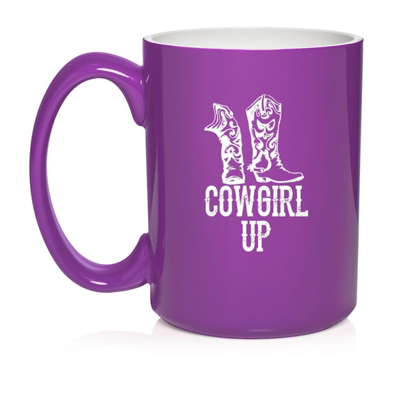 Cowgirl Up Boots Ceramic Coffee Mug Tea Cup Gift for Her, Friend, Coworker, Wife (15oz Purple)