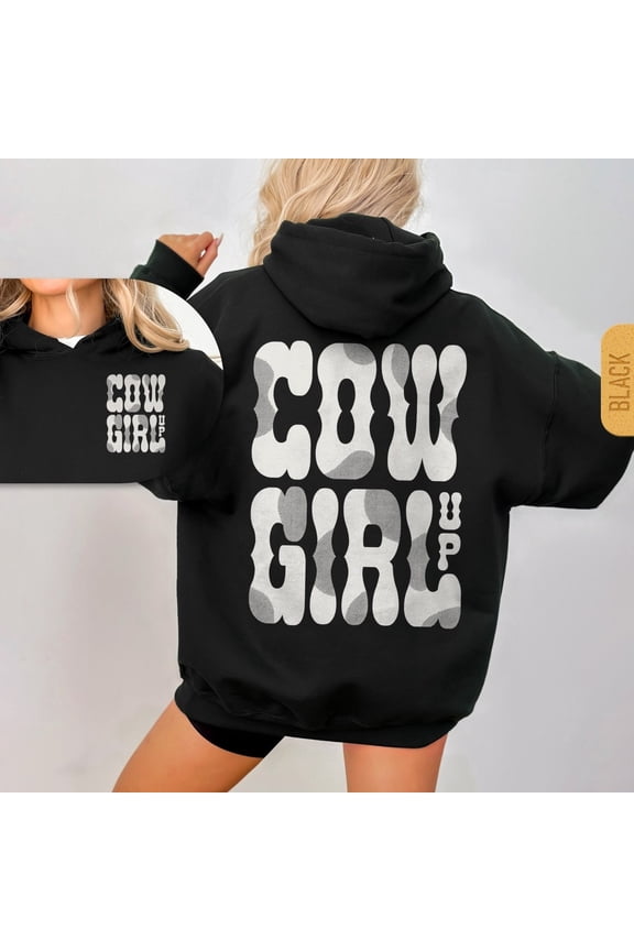 Cowgirl Up Hoodie, Western Retro Hoody for Women, Cute Country Style Hoodie, Wild West Graphic Pullover Gift for Her Black