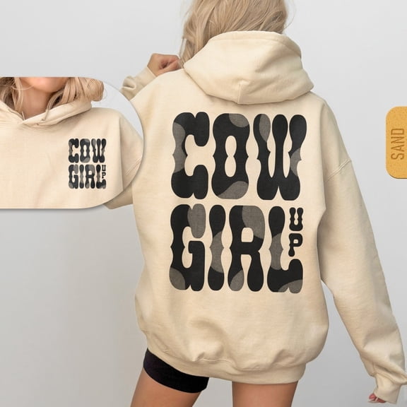 Cowgirl Up Hoodie, Western Retro Hoody for Women, Cute Country Style Hoodie, Wild West Graphic Pullover Gift for Her Sand