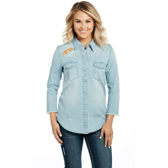 Cowgirl Up Womens Blue Cotton Blend Stonewash Raw Western Shirt S/S L