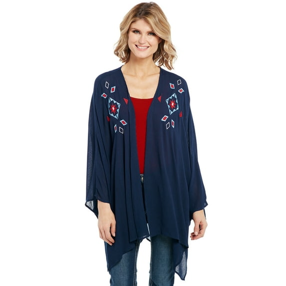 Cowgirl Up Womens Navy 100% Rayon Embroidered Kimono Cardigan M