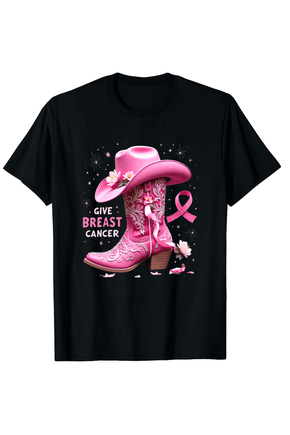 Cowgirl Western Give Breast Cancer The Boot Pink Ribbon Graphic Black T-Shirt for Men and Women