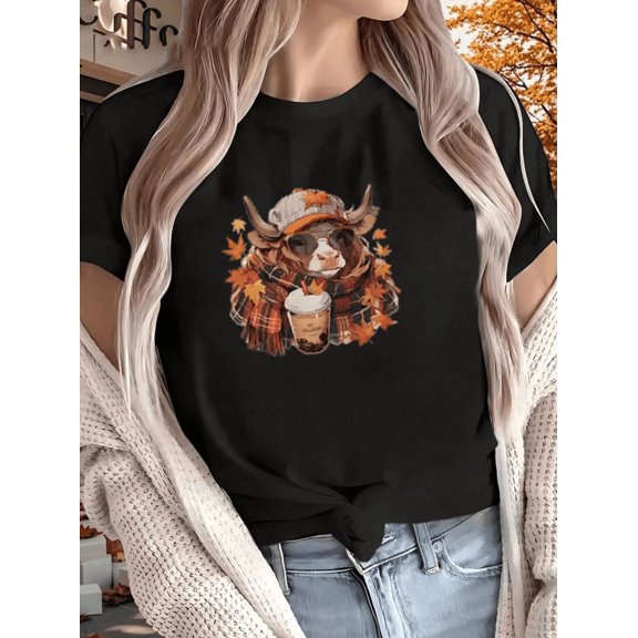Cowgirl With Coffee Print Unisex T-Shirt Cow Autumn Farm Graphic up to size 5XL