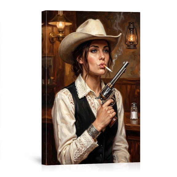 Cowgirl With Revolver In Saloon Western Wild West For Living Room Bedroom Man Cave Canvas