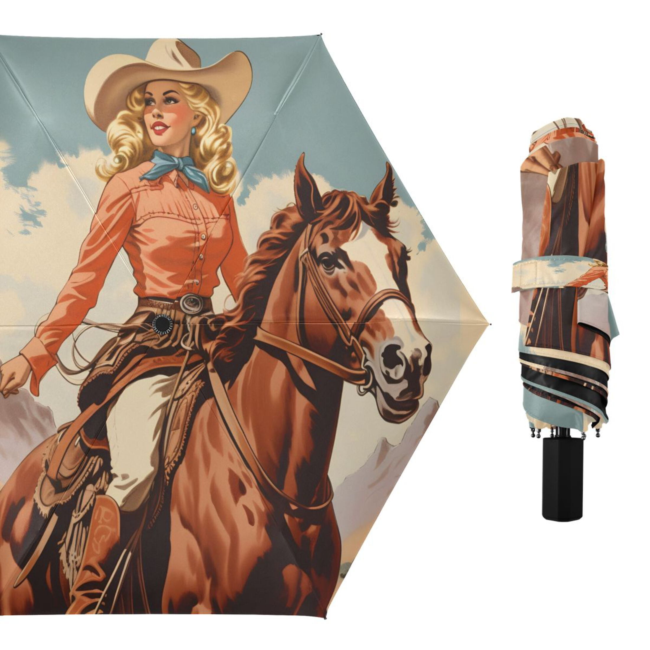 Cowgirl on Horseback Compact Sun Umbrella Windproof Travel Umbrellas for Rain Strong Portable UV Protection