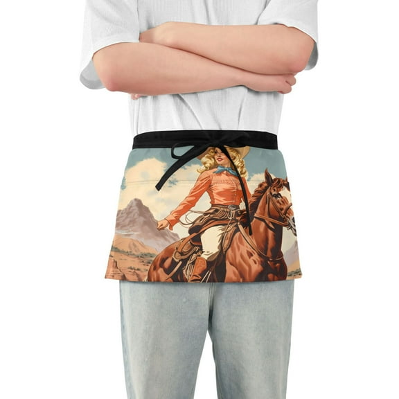 Cowgirl on Horseback Server Apron with 3 Pockets Waterproof Waitress Waist Short Apron for Man Woman 12 Inches