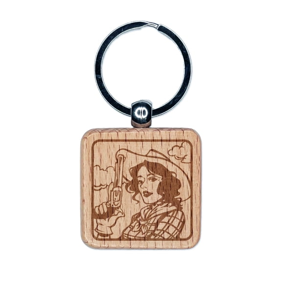 Cowgirl with Gun Square Keychain Charm Tag - Engraved Wood