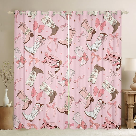 Cow30%-50% Blackout Curtains 52"Wx63"L 2 Panels Pink CowBoot Hats Curtains Kawaii Ribbon Bow Curtains & Drapes Teens Cute Cherry Love Heart Window Curtains Livingroom Decor