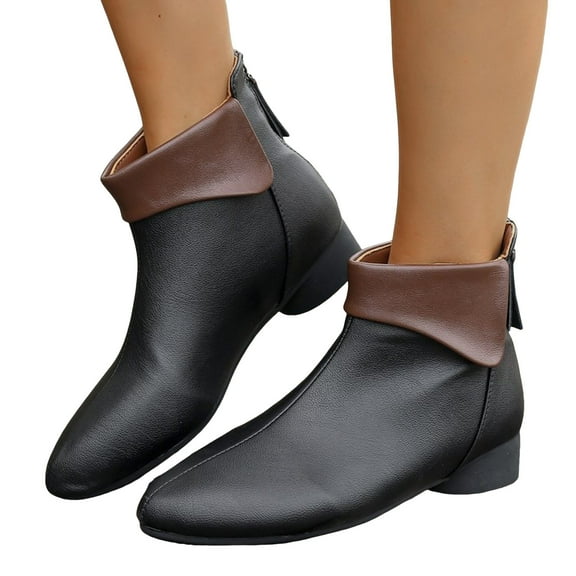 Cowgirls Boots for Women Casual Color Block Leather Cuff Low Heels Winter Fall Cowboy Ankle Booties