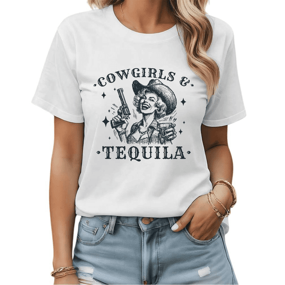 Cowgirls & Tequila Western Graphic Tees Womens T-shirt Black/White S-5XL Shirts Cowgirl Tops