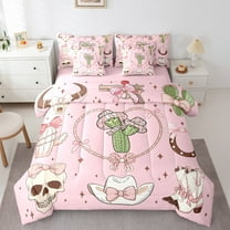 Cowgril 7 Pieces Bedding Set Woman Western Boots Comforter Twin Size Sweet Pink Ribbon Bow Sheet Set Retro Starry Plaid Fitted Sheet For Bedroom Decor,Pink White