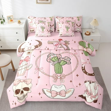 Cowgril 7 Pieces Bedding Set Woman Western Boots Comforter Twin Size Sweet Pink Ribbon Bow Sheet Set Retro Starry Plaid Fitted Sheet For Bedroom Decor,Pink White