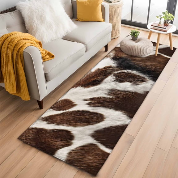 Cowhide 2'x6' Runner Rug for Hallway Walkway Kitchen Galley, Brown Black White Animal Cow Print Low Pile Non Slip Long Area Rug, Machine Washable Indoor Outdoor Mat