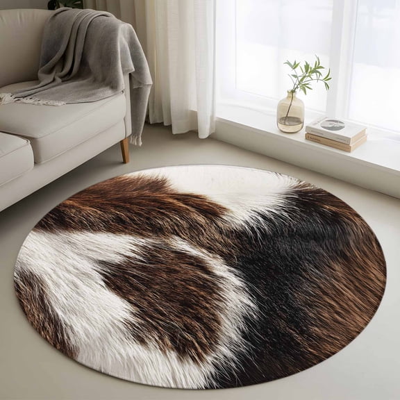 Cowhide 3.3' Round Rug for Bedroom Reading Corner, Brown Black White Animal Cow Print Non Slip Circle Area Rug, Machine Washable Indoor Outdoor Mat