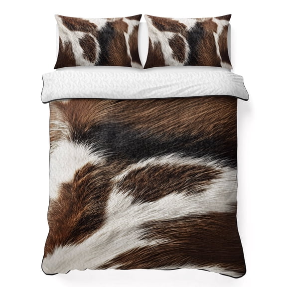 Cowhide 3 Piece Quilt Bedding Set with 2 Pillow Shams, Brown Black White Animal Cow Print Lightweight Bedspread Coverlet, Soft Breathable All Season Quilt, 68 x 98 Inch