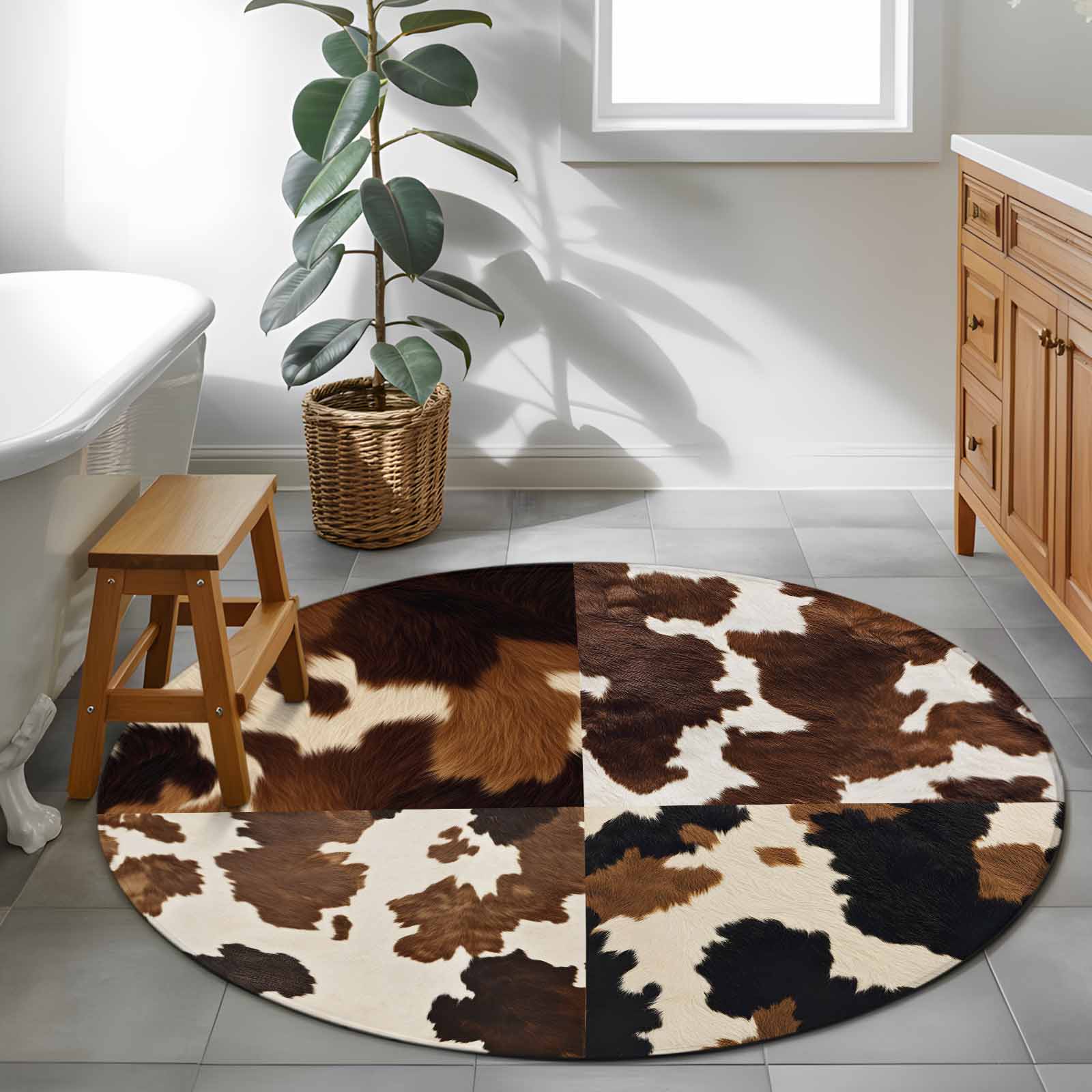 Cowhide 4ft Round Rug for Cozy Reading Nook Home Office Chair Area, Cow ...