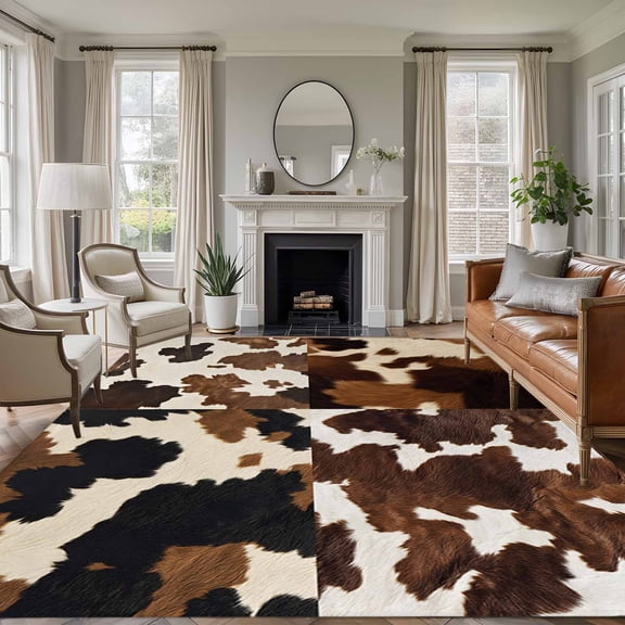 Cowhide 5x7 Rug for Living Room Sofa and Coffee Table Layout, Cow Skin Texture Washable Non Slip Rectangle Area Rug