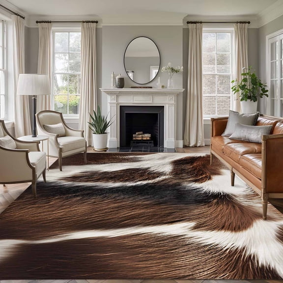 Cowhide 8'x10' Large Area Rug for Living Room Sectional Sofa, Brown Black White Animal Cow Print Non Slip Low Pile Rectangle Area Rug, Machine Washable Indoor Outdoor Mat