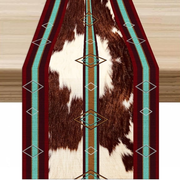 Cowhide Animal Table Runner for Kitchen Farmhouse Aztec Vintage Rustic Geometric Cow Animal Fur Pattern Table Decor Table Top Dining Wedding Party 13x36 ln