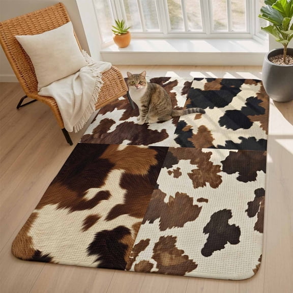 Cowhide Area Rugs for Living Room 5x6, Cow Skin Texture Abstract Countryside Western Washable Area Rug with Non Slip Backing, Stain Resist Linen Carpet for Bedroom, Dining Room, Entryway, Entrance