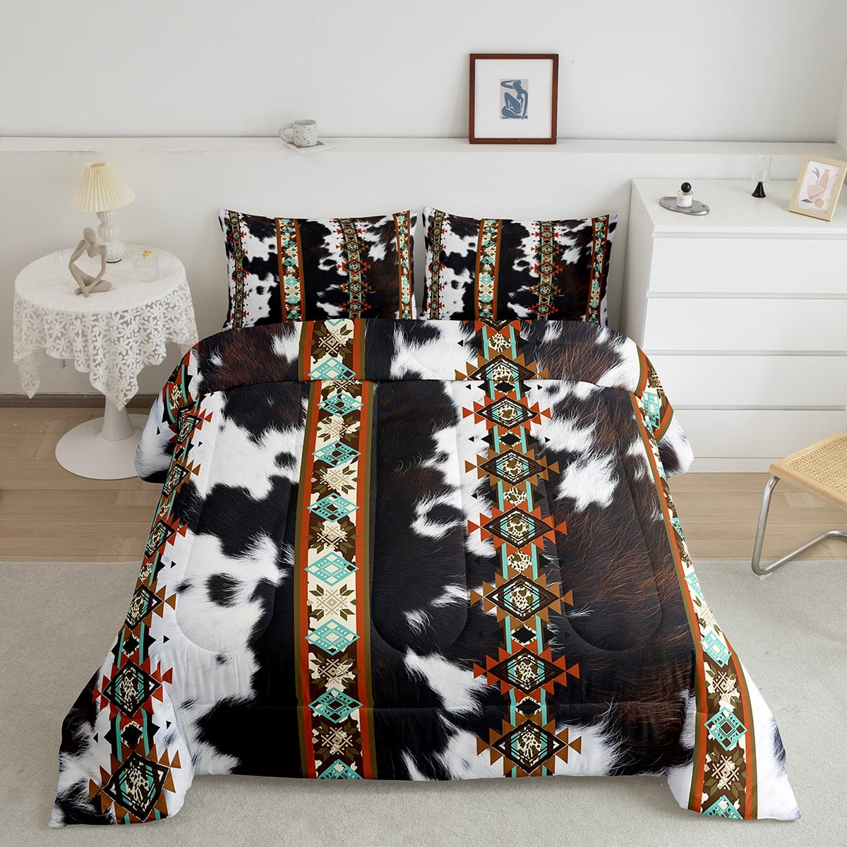 Cowhide Bedding Set Black and White Highland Cow Print Bedding Set