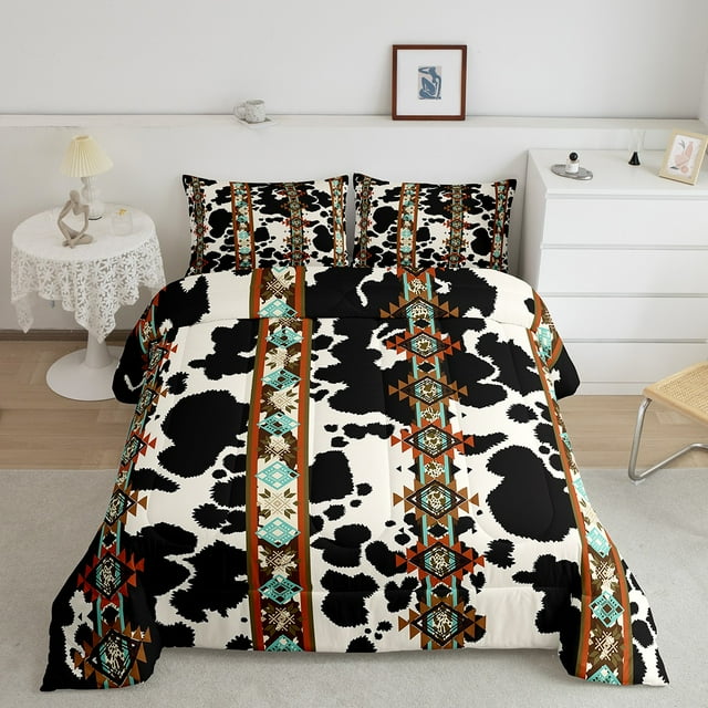 Cowhide Bedding Set Black and White Highland Cow Print Bedding Set,Western Comforter Set Twin