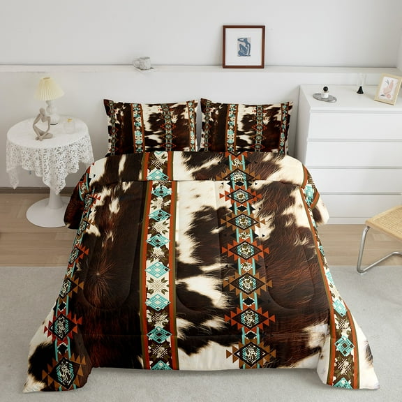 Cowhide Bedding Set Western Comforter Set King,Brown Highland Cow Print Quilt Exotic Aztec Farmhouse Wild Animals Duvet Insert,Longhorn Skin Room Decor Cowboys Gifts for Men