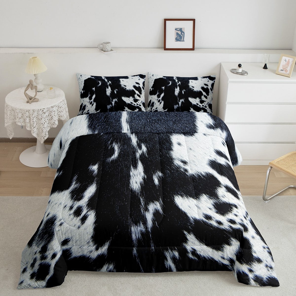 Cowhide Bedding Western Decor,Gray Black and White Milk Cow Print Comforter Set Full,Wild Cattle