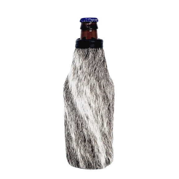Cowhide Beer Bottle Holder, Leather Beer Coolie, Beverage Huggie, Brew Sleeve (Light Brindle Cowhide)