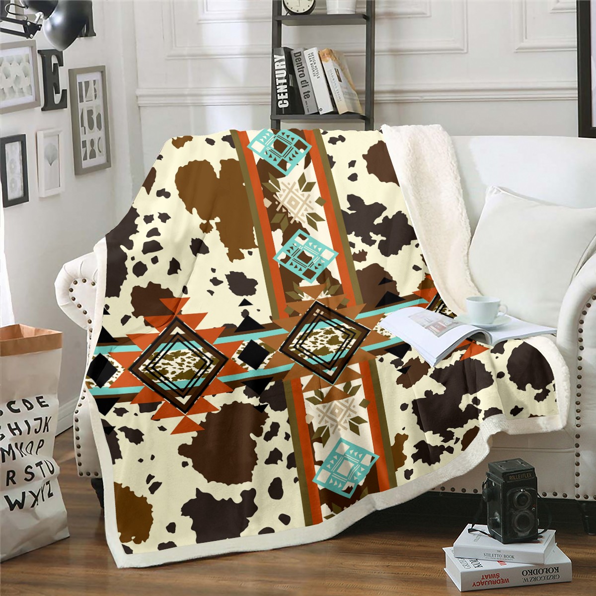 Cowhide Blanket Western Throw Blanket 40"x50",Brown Highland Cow Print
